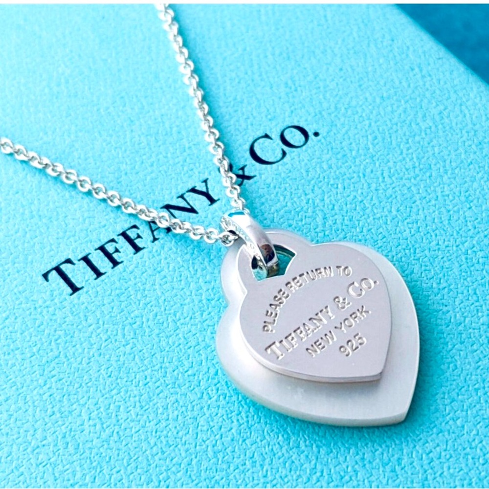 Return to Tiffany & Co. Mother of Pearl Double Heart Pendant
Necklace, 16"